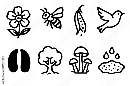 Nature Icons Collection. Living Together in Nature linear set: vibrant bloom, pollinator hover, seed-bearing pod, dispersal bird, grazing hoofprint, canopy shelter, fungi cluster,