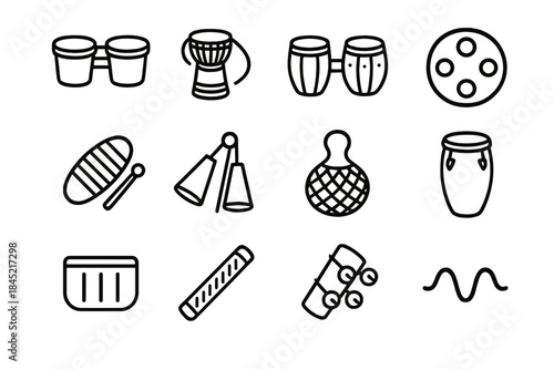 World Percussion Icons. World Rhythm Ensemble linear set: bongos, talking drum, tabla pair, steel pan note, guiro, agogo bells, shekere, conga drum, slit drum, rainstick, ankle