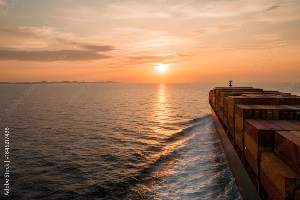 Fototapeta premium ocean, sunset, ship, wooden dock, waves, reflection, orange sky, dramatic lighting, serene, tranquil, landscape