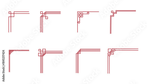 Korean traditional line borders set with knot corners ornament. Collection festive asian frame corners. Traditional Asian pattern for decoration of banners, holiday cards and Asian culture products