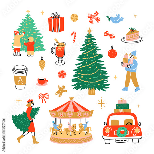 Christmas illustrations set. Vector Christmas graphics on white background