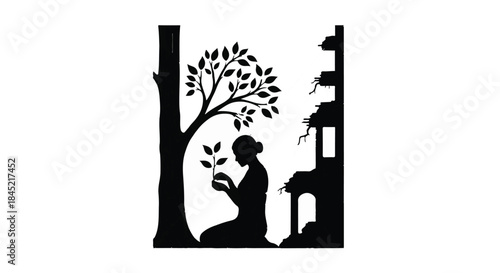 Hopeful silhouette of a person nurturing a young plant amidst ruins, symbolizing renewal and growth.