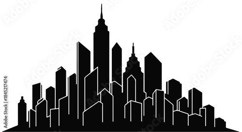 Sleek black silhouette of a modern city skyline against a white background.