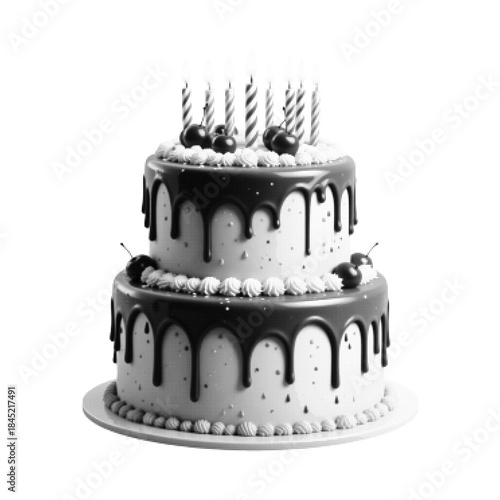 Black and white halftone illustration of a two-tier birthday cake with candles and chocolate drip icing, isolated on white background. Festive dessert concept in retro dot style.