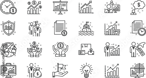 Business and finance icons including charts, money, and global concepts Keywords: business, finance, money, dollar, coins