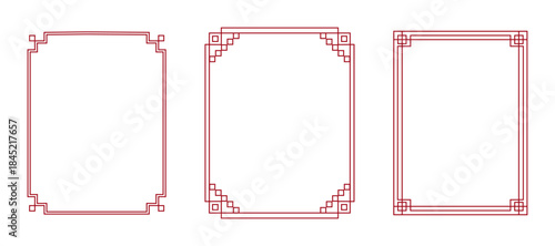 Korean red traditional frames, line borders set with knot corners ornament. Asian square decoration collection. certificate frame, antique china border