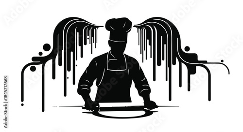 Creative chef silhouette with artistic liquid splashes and rolling pin in kitchen preparation