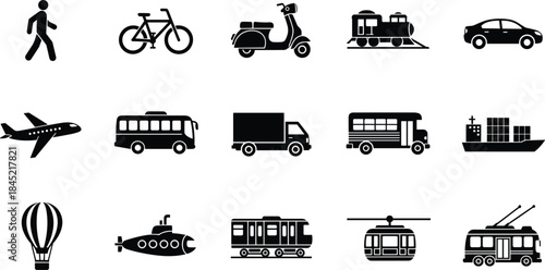 Collection of black transportation and travel icons on white background Keywords: transportation, travel, icons, set, collection
