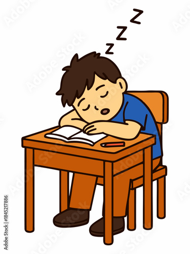 A sleepy student fell asleep on his school desk.