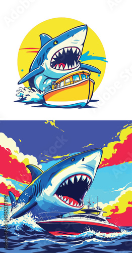 Vsai shark jumping attacking boat in rough ocean water