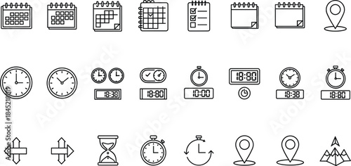 Comprehensive set of line art icons for time management, scheduling, and location planning Keywords: calendar, date, schedule