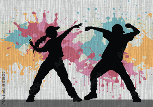 Urban street dance boy and girl silhouettes on a colorful paint splatter background, hip hop dancers illustration