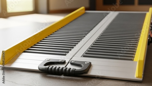 A folding wheelchair ramp with yellow edges sits on a concrete surface indoors