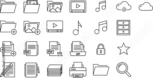 Comprehensive set of line art icons for file management, digital documents, and office tools Keywords: folder, file, document