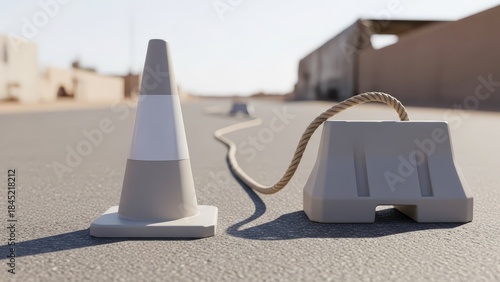 A gray cone  barrier tied with a rope sit on an asphalt road under clear sky near nondescript buildings in a desert