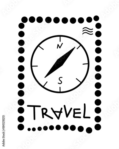 Hand-drawn compass with travel text in postage stamp style on transparent  background. 