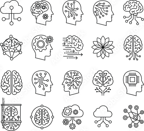 Brain and artificial intelligence outline icon set featuring neural networks, thinking processes, and smart technology concepts