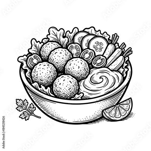 Bowl of Mezze with Falafel Hummus and Vegetables.