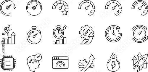 Performance and speed related icons in a line art style on white background meter gauge