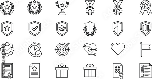 Set of black outline icons for awards, achievements, and success Keywords: awards, achievements, success, icons, set, collection