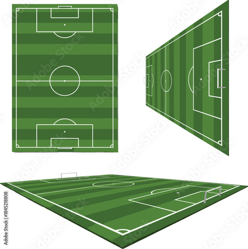 Soccer field perspective illustration featuring football pitch views from top, angled, and isometric layouts