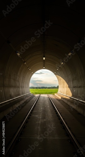 The exit of a long, dimly lit transportation tunnel opens directly onto a vibrant summer day with bright sunlight and green fields ,natural light ,contrast ,vibrant