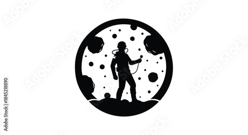 Silhouette of a diver exploring a surreal underwater world with glowing orbs