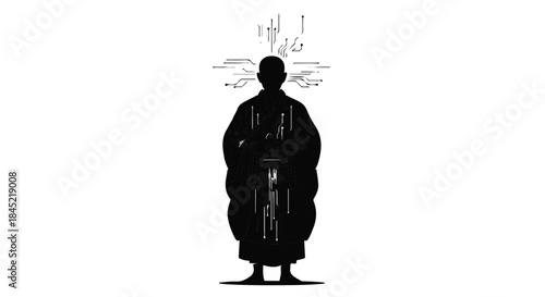 Silhouette of a monk meditating, surrounded by digital circuit patterns, symbolizing spiritual technology.