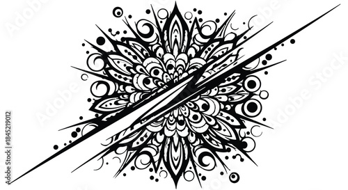 Intricate black and white abstract mandala design with energetic radiating lines.