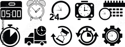 Digital clock icon set time management scheduling delivery logistics stopwatch calendar twenty four hour service icons
