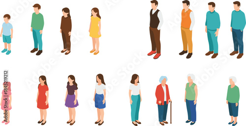 People age diversity illustration set featuring children, adults, seniors, men and women across life stages