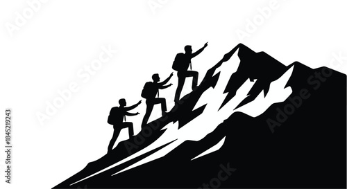 Three climbers ascend a challenging mountain peak, reaching for success and adventure.