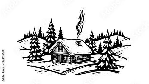 Rustic Winter Cabin Linocut Vector Illustration