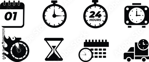 Calendar stopwatch twenty four hour clock alarm hourglass schedule delivery time management icons set