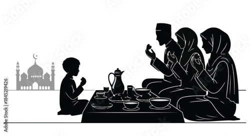 Family gathered for prayer and meal, a mosque in the background