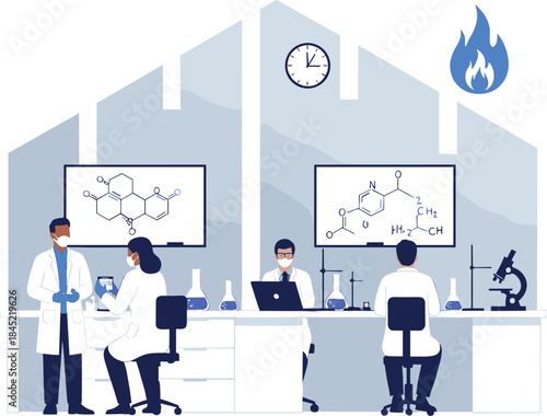 Scientific laboratory research illustration featuring scientists, chemical analysis, teamwork, and modern experimental science environment