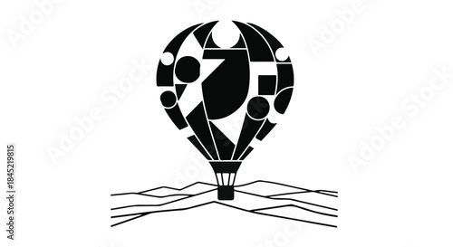 Abstract hot air balloon with geometric patterns floats above stylized landscape.