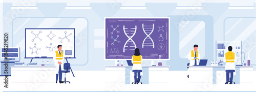 Scientific research laboratory illustration featuring genetics analysis, DNA structure, biotechnology, and modern science teamwork