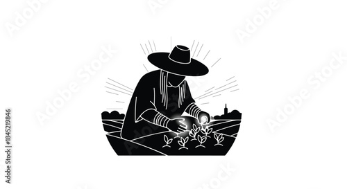 Farmer tending to crops in a field under a wide-brimmed hat