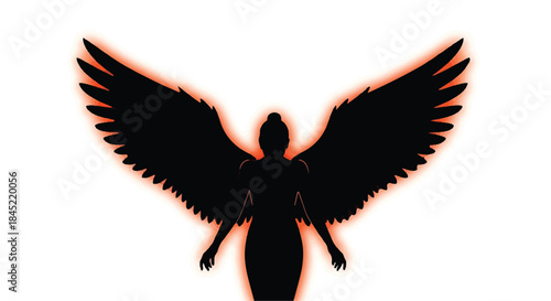Mysterious silhouette of an angelic figure with glowing wings against a bright background