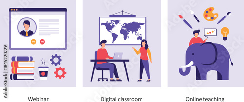 Online education and e learning illustration featuring webinar, digital classroom, virtual teaching, and creative learning concepts