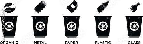 Organic metal paper plastic glass recycling bins sorting waste management environmental protection sustainability collection process illustration