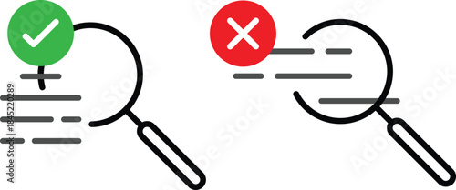 Search verification success failure check mark cross icon document review analysis audit quality control inspection process
