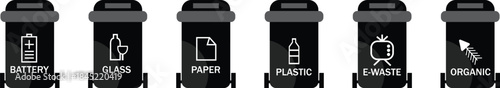 Recycling bins icons set battery glass paper plastic ewaste organic waste separation collection containers graphic