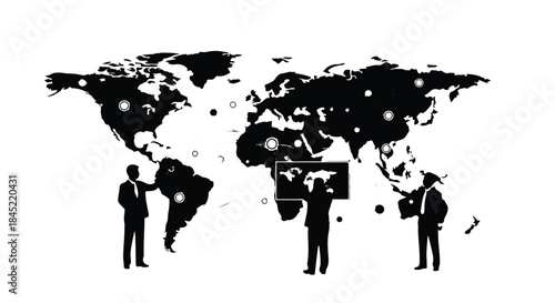 Business professionals collaborate on global strategy, connecting across continents with digital networks.