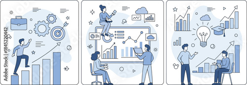 Business growth and data analytics illustration set featuring teamwork, strategy development, performance charts, and innovation concepts