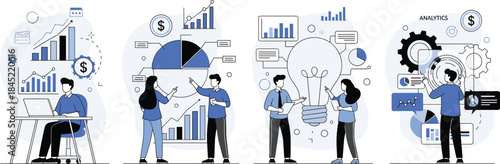 Business analytics and data visualization illustration featuring teamwork, charts, financial insights, strategy planning, and performance analysis
