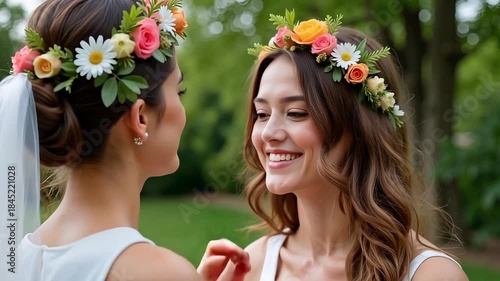 Bridesmaids celebrate friendship putting flower crown on smiling bride in sunlit garden, creating cherished memories and elegant bridal style for wedding day