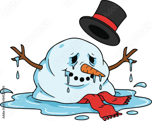 Vector illustration of a sad, melting cartoon snowman reduced to a puddle, with a floating top hat and a red scarf soaking in the water.