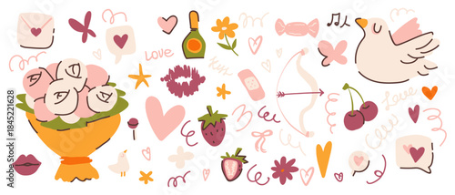 Groovy valentine day sticker collection with cute funky hearts and flowers, white dove, love symbols in pink colors. Doodle elements of roses bouquet, bow with arrow, envelope, kiss mark strawberry
